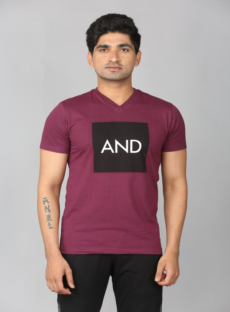 Buy Dark Beige V-Neck T-Shirt with Text And for Men Online at Best ...