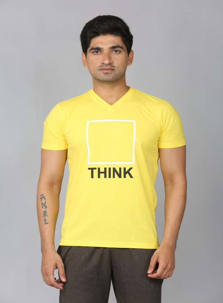 Yellow V-Neck T-Shirt with Text Think